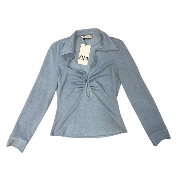 Zara Open Detail Ruched Top NWT |  Metallic Blue | Size M - Picture 3 of 11
